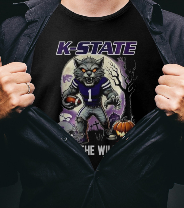 K-State Wildcats Halloween Football Fear The Wildcats With Ferocious Wolf And Pumpkin T-Shirt