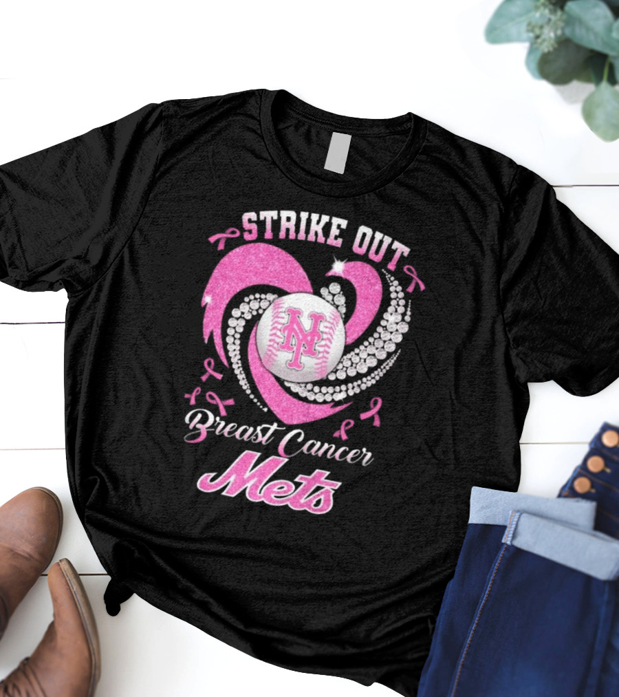 Strike Out Breast Cancer Mets Heart Diamond New York Mets T-Shirt
