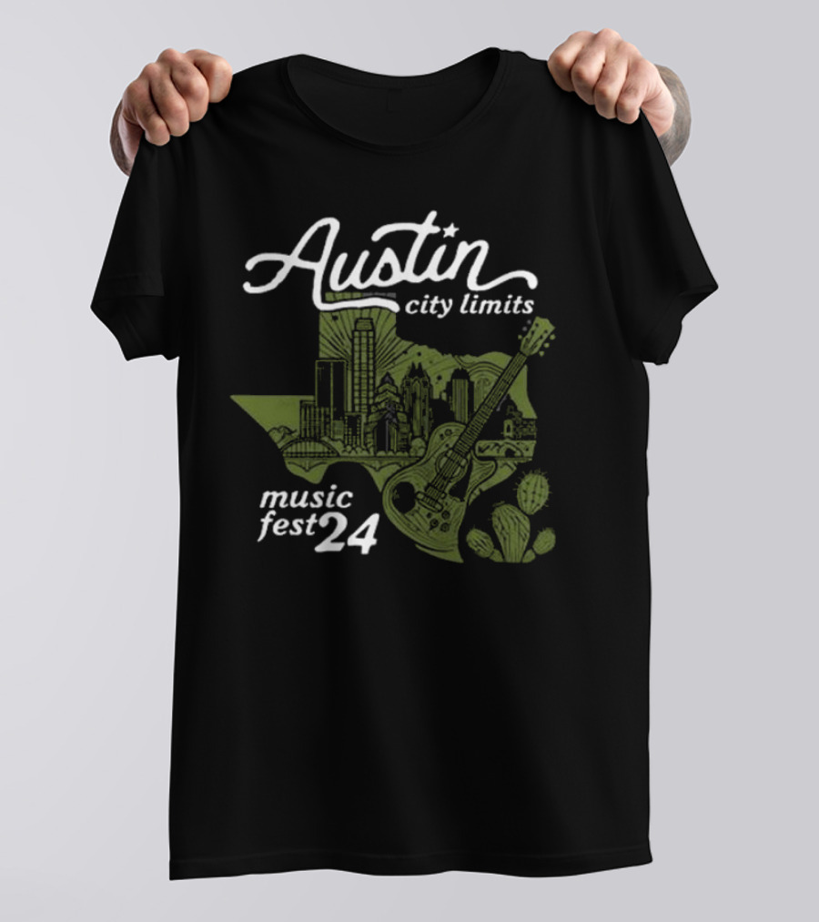 Austin City Limits Music Fest 24 Texas Skyline And Guitar Cactus T-Shirt