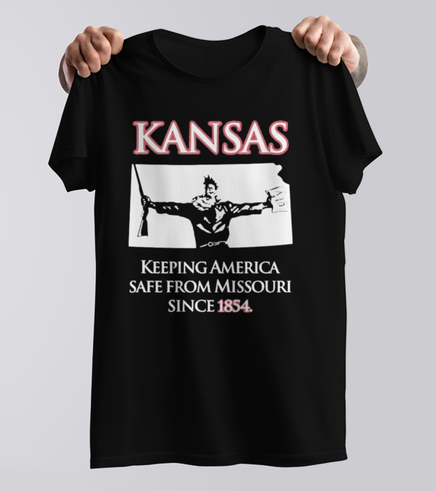 Kansas Keeping America Safe From Missouri Since 1854 Black Shirt With Armed Figure Holding Map And Gun T-Shirt