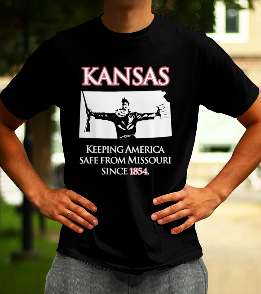 Kansas Keeping America Safe From Missouri Since 1854 Black Shirt With Armed Figure Holding Map And Gun T-Shirt