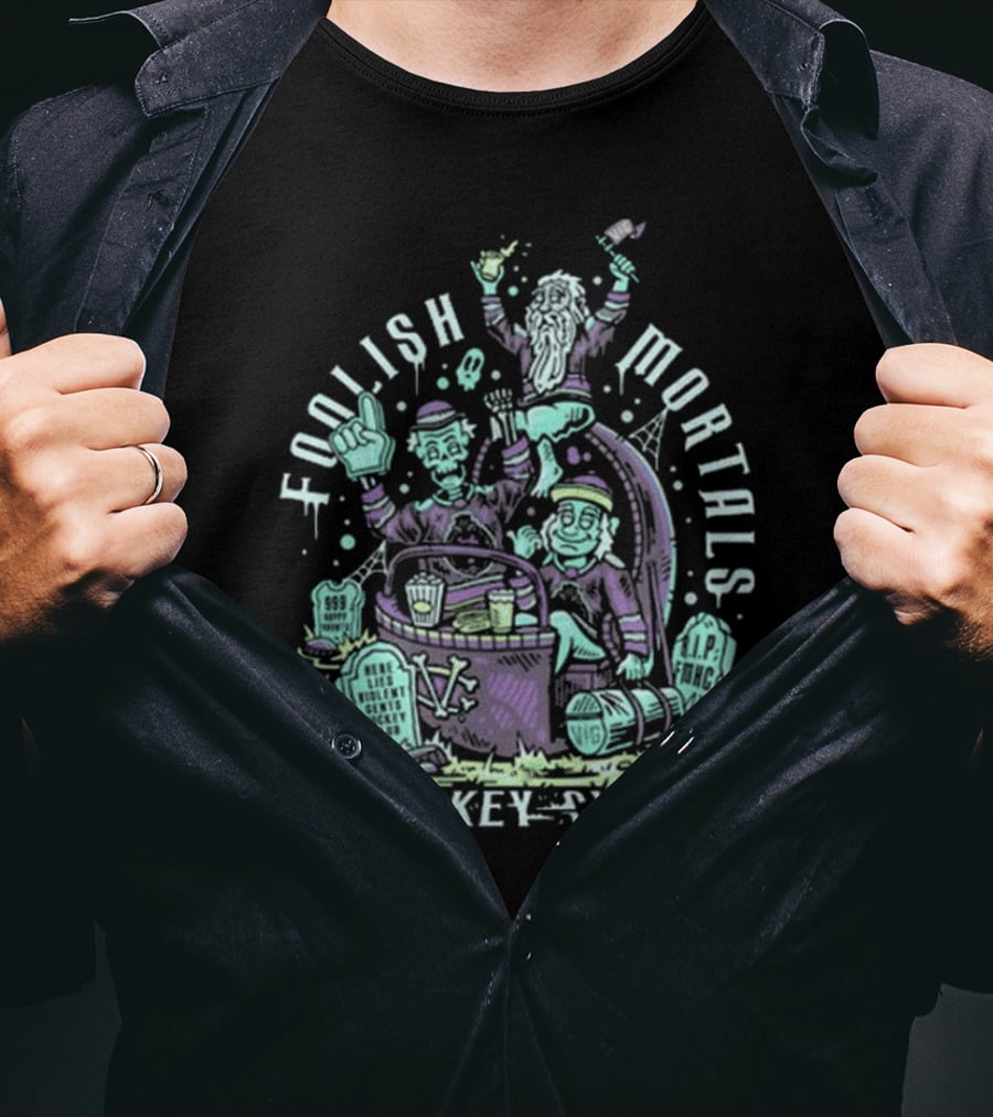 Foolish Mortals Hockey Club With Tombstones And Ghostly Characters T-Shirt