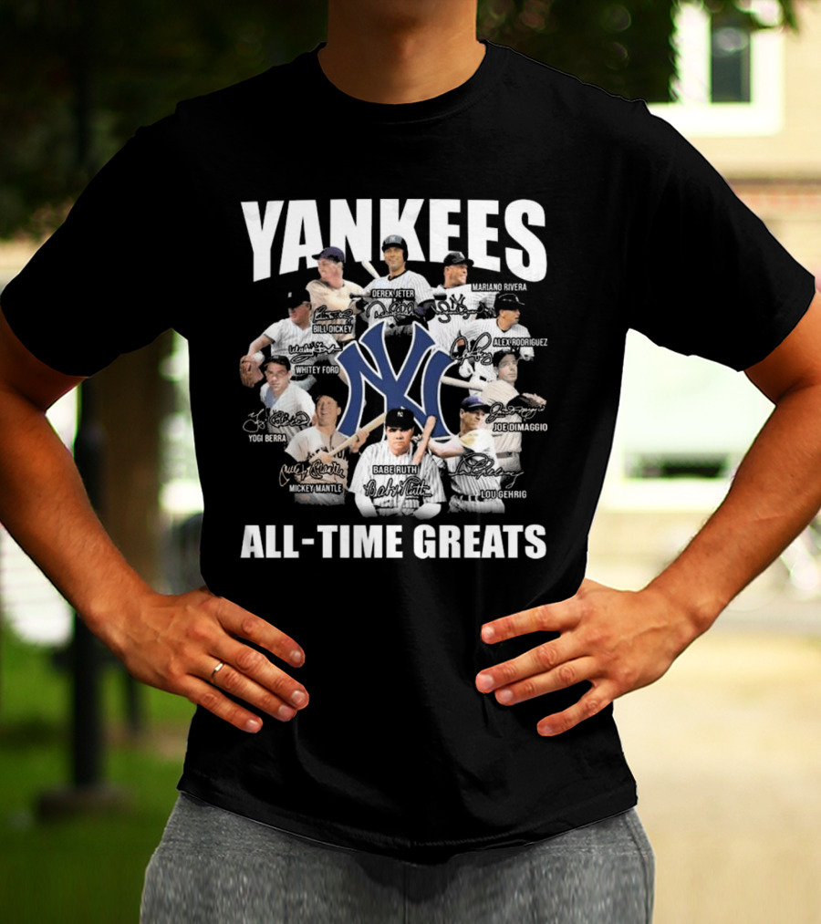 Yankees All-Time Greats Signature Celebrating Derek Jeter Babe Ruth Lou Gehrig Mariano Rivera Mickey Mantle T-Shirt