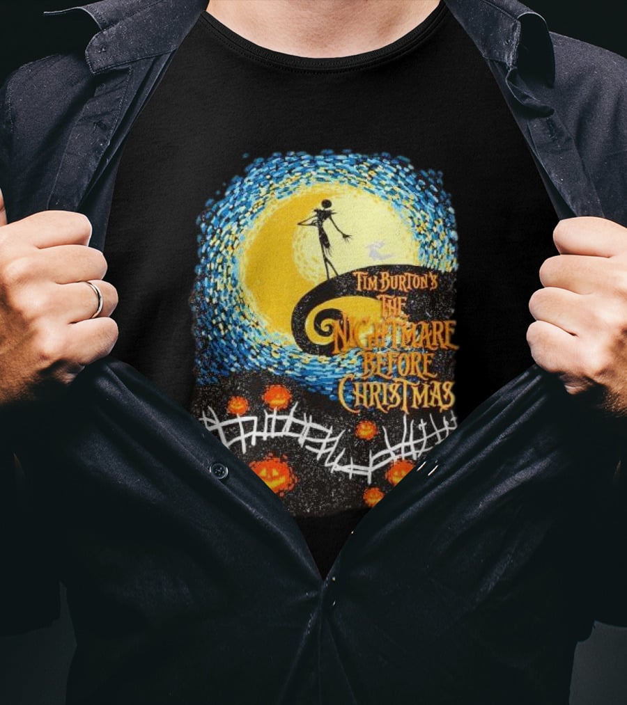 Tim Burton's The Nightmare Before Christmas Starry Night Vintage Pumpkin Fence T-Shirt
