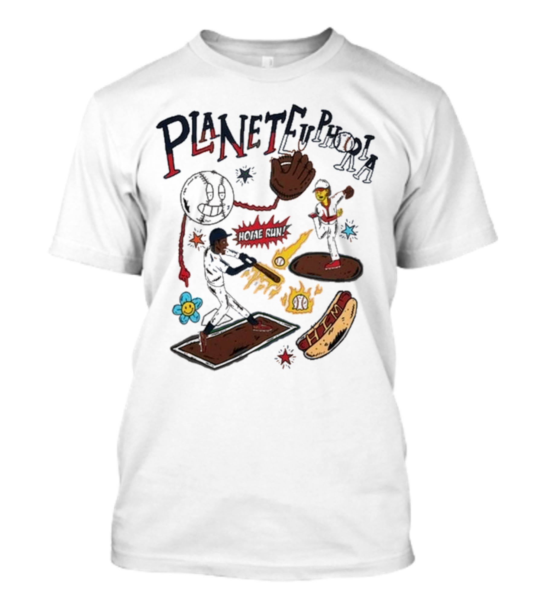 Planet Euphoria Baseball Home Run Hot Dog Illustration With Players And Glove T-Shirt