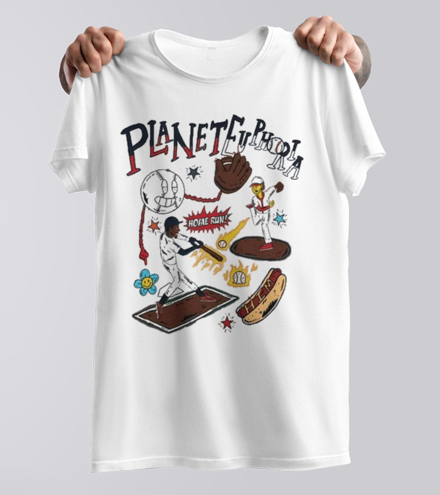 Planet Euphoria Baseball Home Run Hot Dog Illustration With Players And Glove T-Shirt