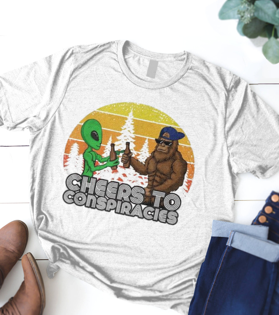 Alien And Bigfoot Cheers To Conspiracies In Retro Sunset Forest T-Shirt