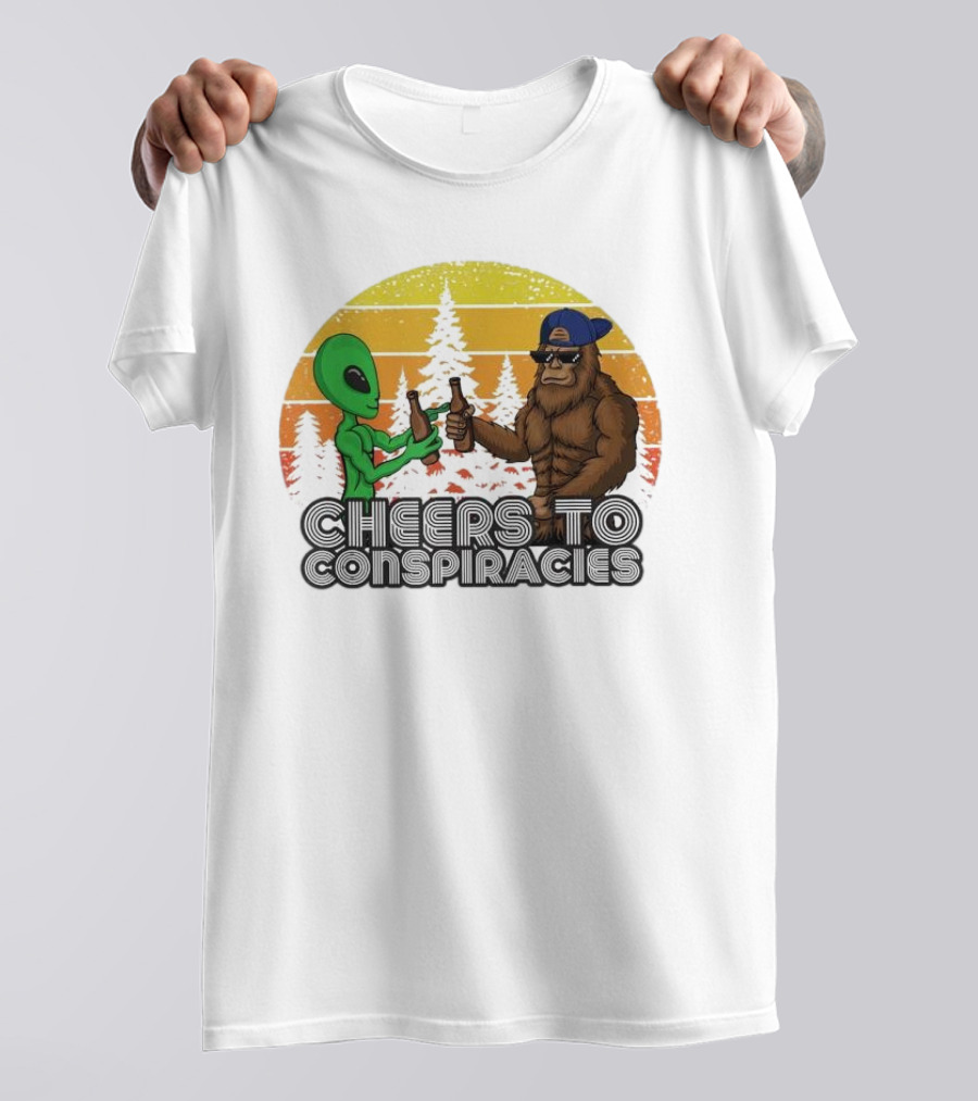 Alien And Bigfoot Cheers To Conspiracies In Retro Sunset Forest T-Shirt