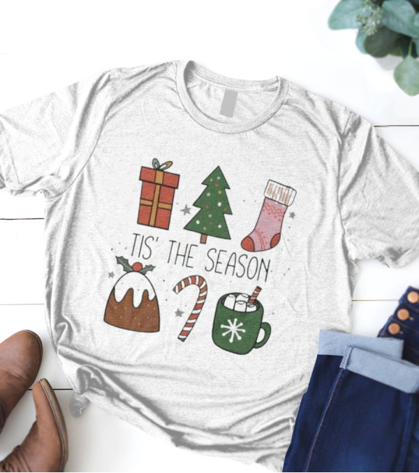 'Tis The Season Christmas Tree Stocking Gift Candy Cane Hot Chocolate T-Shirt