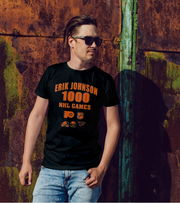 Erik Johnson 1000 NHL Games Philadelphia Flyers Colorado Avalanche Buffalo Sabres St. Louis Blues T-Shirt
