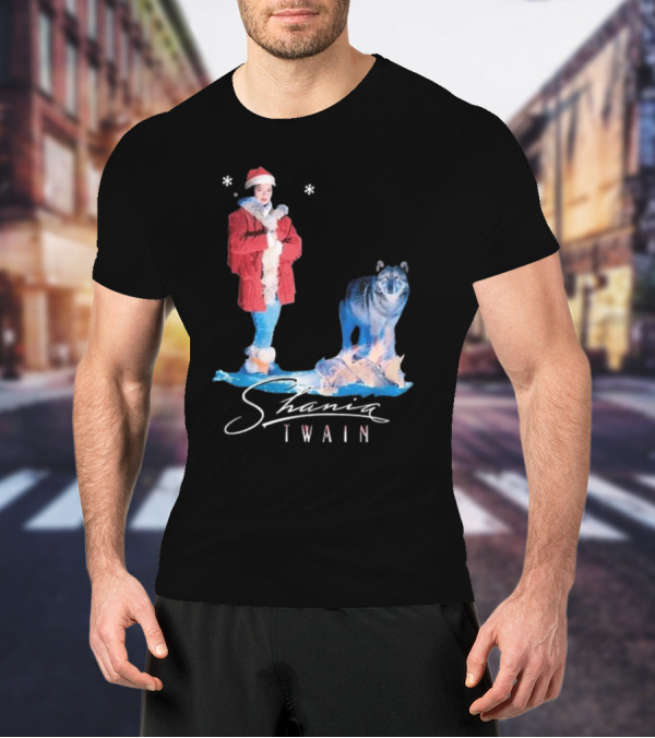 Shania Twain Holiday Santa Wolf Winter Scene T-Shirt