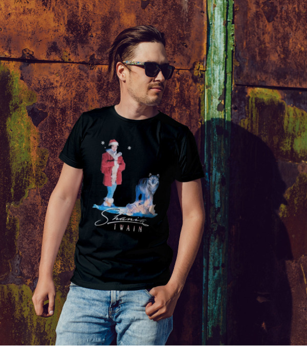 Shania Twain Holiday Santa Wolf Winter Scene T-Shirt