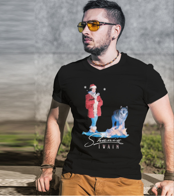 Shania Twain Holiday Santa Wolf Winter Scene T-Shirt