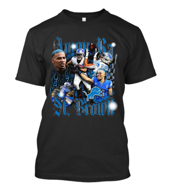 Amon-Ra St. Brown Detroit Lions Player NFL Football Legend Blue Flames T-Shirt