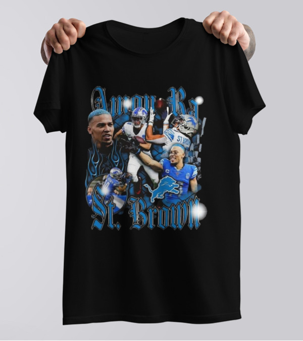 Amon-Ra St. Brown Detroit Lions Player NFL Football Legend Blue Flames T-Shirt