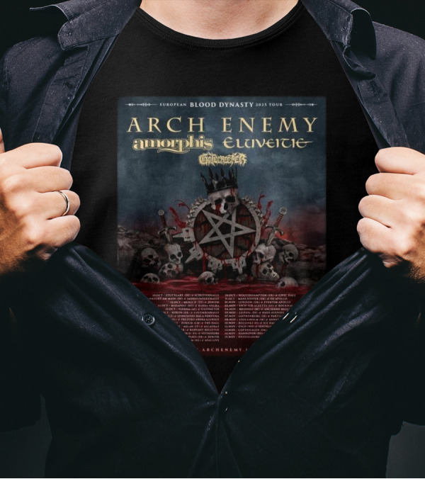 Arch Enemy Amorphis Eluveitie Dark Tranquillity Insomnium 2025 European Blood Dynasty Tour Poster Skulls And Antlers T-Shirt