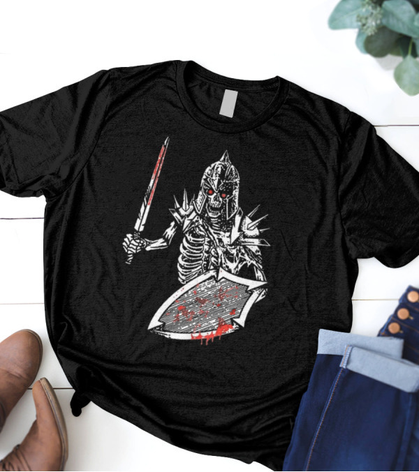 Gatecreeper Bloody Skeleton Warrior With Blood-Soaked Sword And Shield T-Shirt
