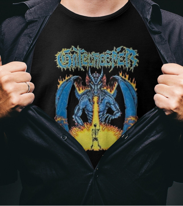 Gatecreeper Blue Dragon Breathing Fire With Fiery Surroundings T-Shirt