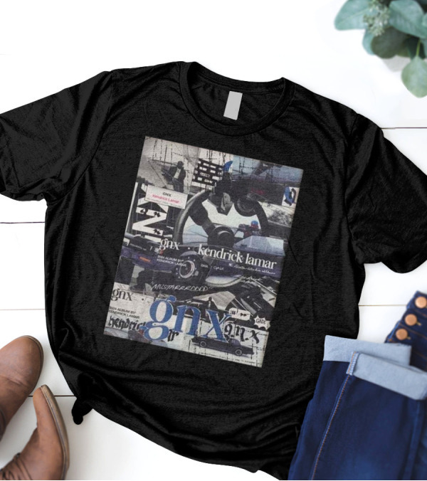 Kendrick Lamar GNX 2024 Album Collage With Cars And Mustard Text T-Shirt
