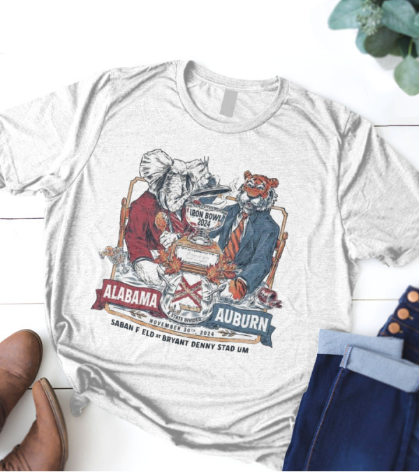 Iron Bowl 2024 Alabama Crimson Tide Vs Auburn Tigers November 30th Saban Field At Bryant Denny Stadium State Divided T-Shirt