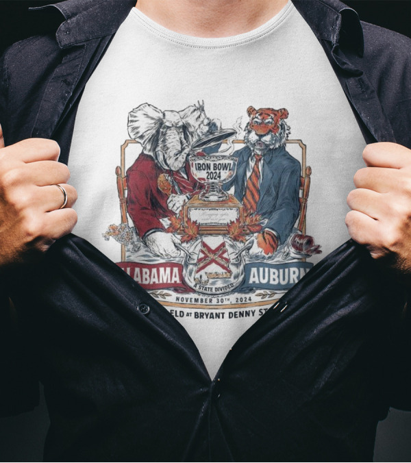 Iron Bowl 2024 Alabama Crimson Tide Vs Auburn Tigers November 30th Saban Field At Bryant Denny Stadium State Divided T-Shirt
