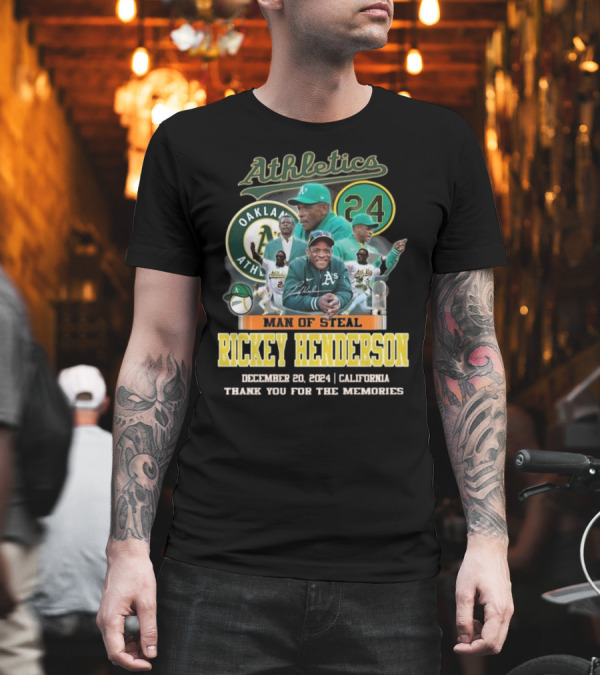 Athletics Rickey Henderson 24 Oakland Man Of Steal December 20 2024 Thank You For The Memories T-Shirt