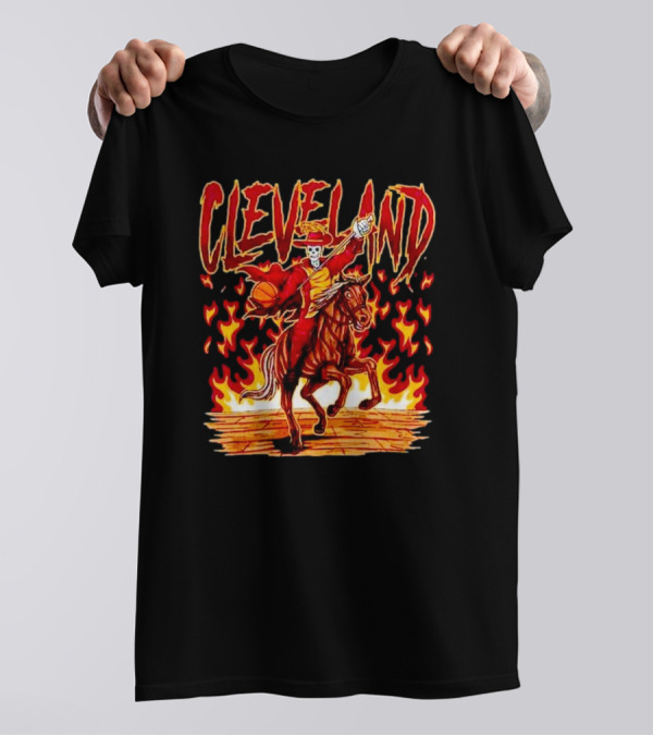 Cleveland Skeleton Player Basketball Rider On Flaming Horse T-Shirt