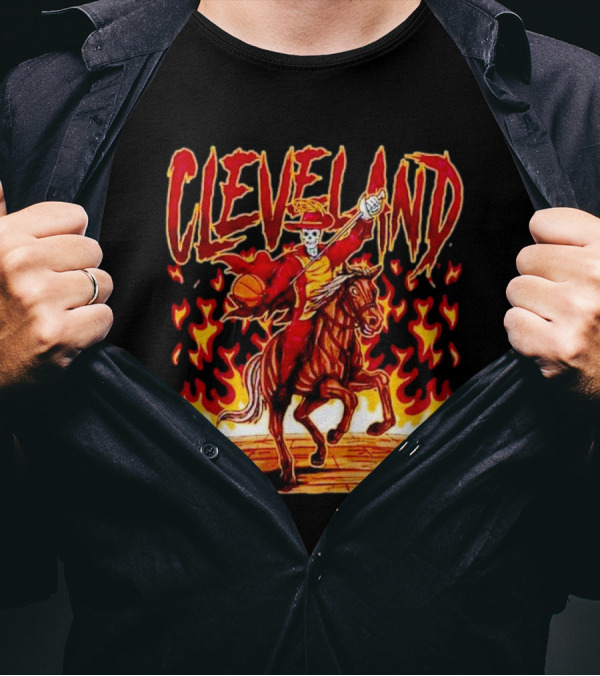 Cleveland Skeleton Player Basketball Rider On Flaming Horse T-Shirt
