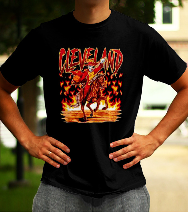 Cleveland Skeleton Player Basketball Rider On Flaming Horse T-Shirt