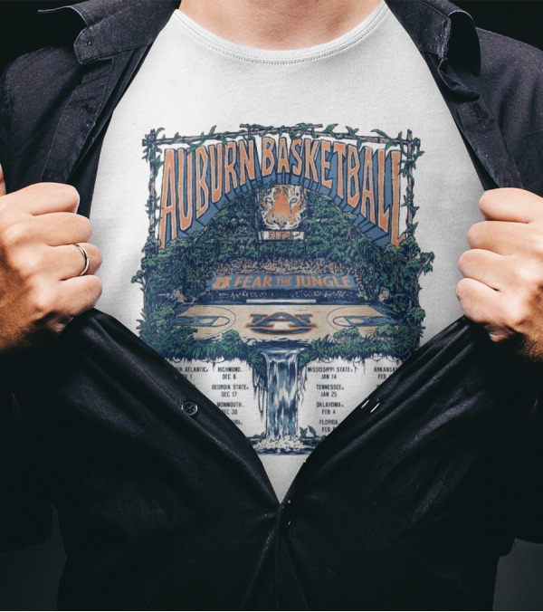 Auburn Basketball 2024-2025 Fear The Jungle Schedule With Court And Jungle Scene T-Shirt