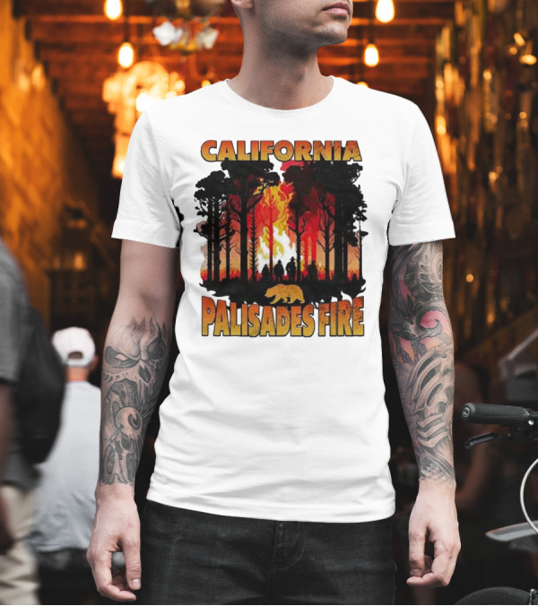 California Palisades Fire 2025 Forest Silhouette And Flames With Bear T-Shirt