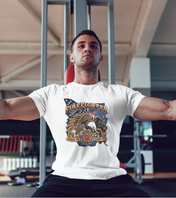 Firefighter First In Last Out Eagle American Flag Rescue T-Shirt