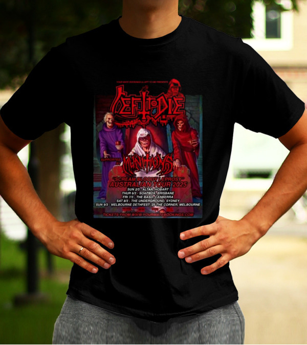 Your Mate Bookings Australian Tour 2025 Left To Die Scream Bloody Leprosy With Munitions T-Shirt