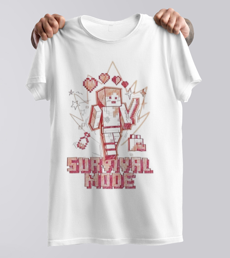 Survival Mode Game Pixel Art Character With Hearts And Tools T-Shirt