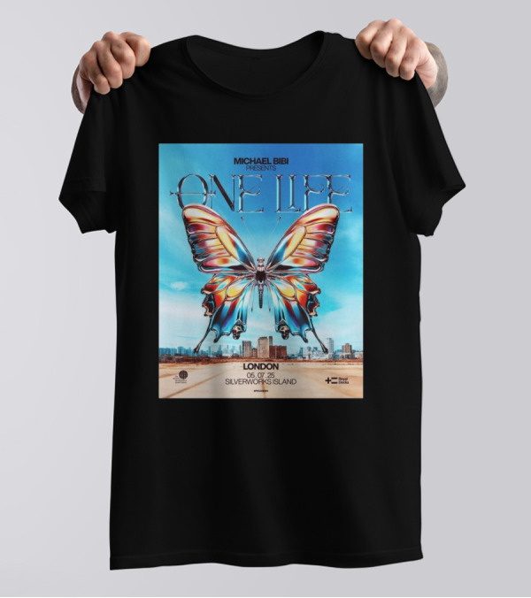 Michael Bibi Presents One Life London 05 07 2025 Butterfly Silverworks Island Royal Docks T-Shirt