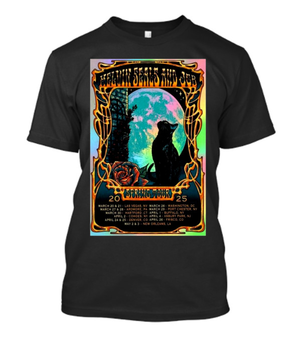 Melvin Seals JGB Spring Tour 2025 Las Vegas New Orleans Artwork Rose Cat Moon Dates T-Shirt