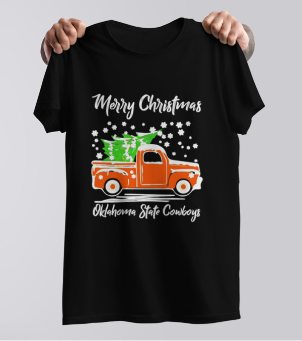 Merry Christmas Oklahoma State Cowboys Orange Truck Snowflakes Green Trees T-Shirt