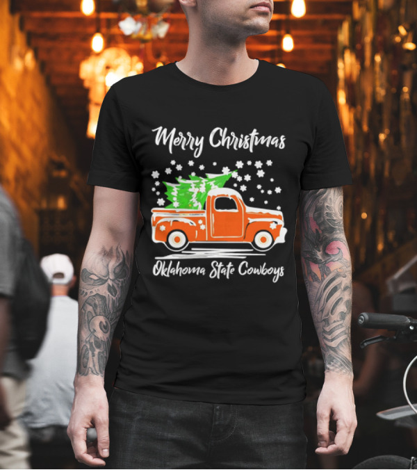 Merry Christmas Oklahoma State Cowboys Orange Truck Snowflakes Green Trees T-Shirt