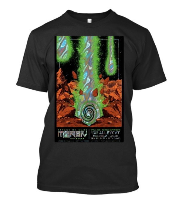 Attack On Mars Mersiv April 4 2025 Red Rocks Amphitheatre Special Guest ALLEYCVT Mr. Carmack Lumasi Zen Selekta Seth David T-Shirt