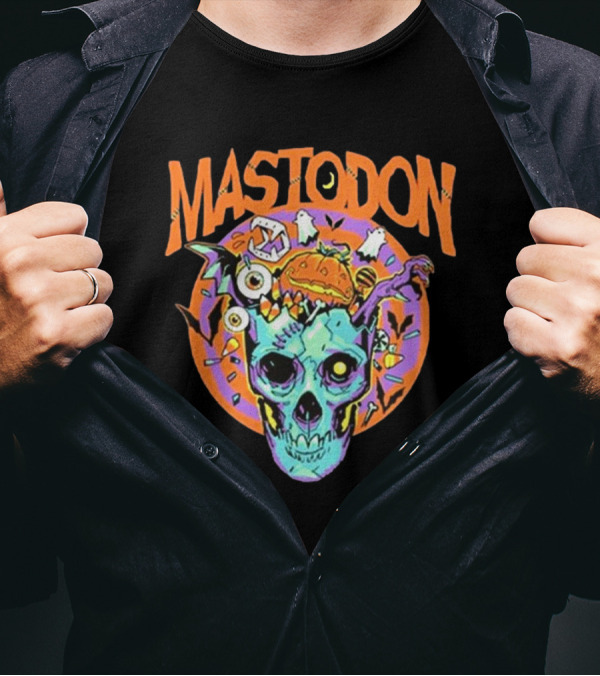 Mastodon Halloween Skull Art With Spooky Creatures And Candy Corn T-Shirt