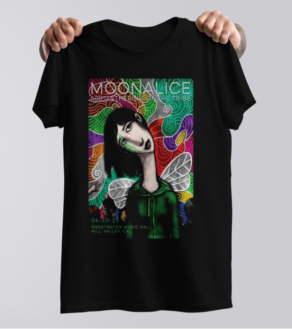 MOONALICE 420 Gathering Of The Tribe 04-20-2025 Sweetwater Music Hall Mill Valley CA Colorful Psychedelic Art With Winged Character T-Shirt