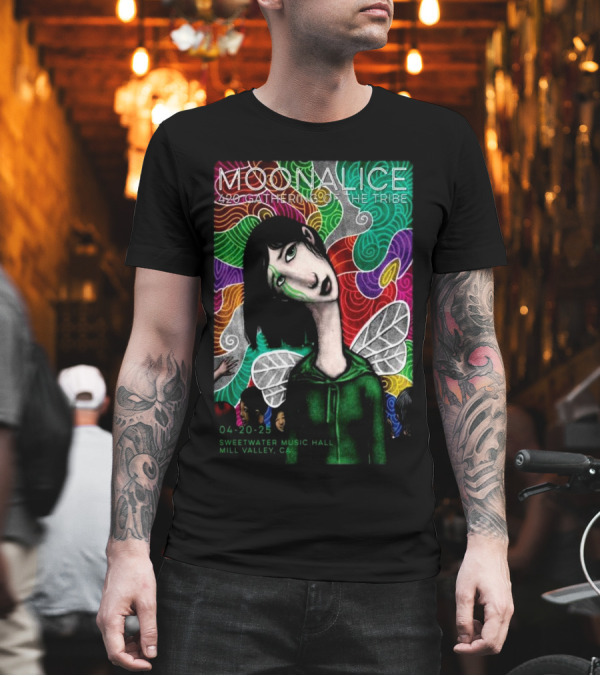 MOONALICE 420 Gathering Of The Tribe 04-20-2025 Sweetwater Music Hall Mill Valley CA Colorful Psychedelic Art With Winged Character T-Shirt