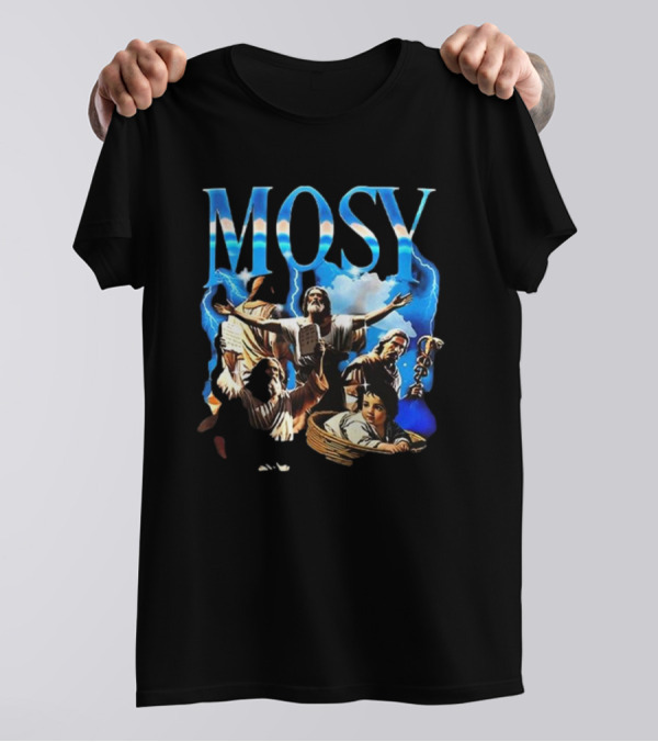 Mosy Moses Biblical Imagery With Lightning Clouds And Figures T-Shirt