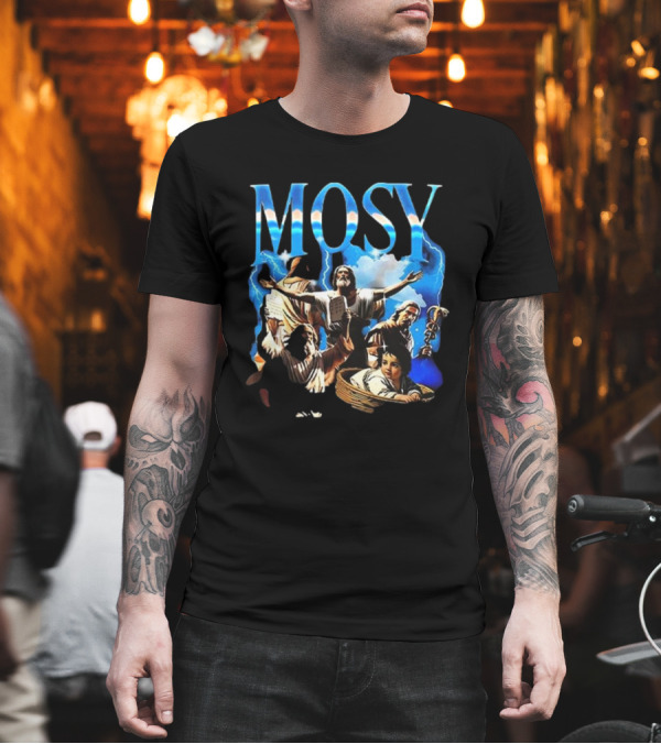 Mosy Moses Biblical Imagery With Lightning Clouds And Figures T-Shirt