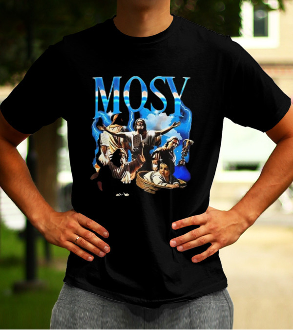 Mosy Moses Biblical Imagery With Lightning Clouds And Figures T-Shirt