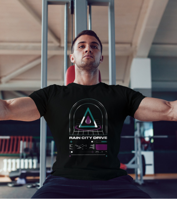 Rain City Drive Teardrop Neon Triangle Symbol With Arch And Grid Design T-Shirt