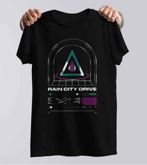 Rain City Drive Teardrop Neon Triangle Symbol With Arch And Grid Design T-Shirt