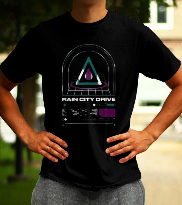 Rain City Drive Teardrop Neon Triangle Symbol With Arch And Grid Design T-Shirt