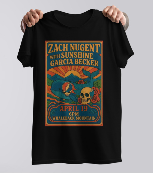 Zach Nugent With Sunshine Garcia Becker April 19 6 PM Whaleback Mountain Whale Skull Roses Sun Graphic T-Shirt