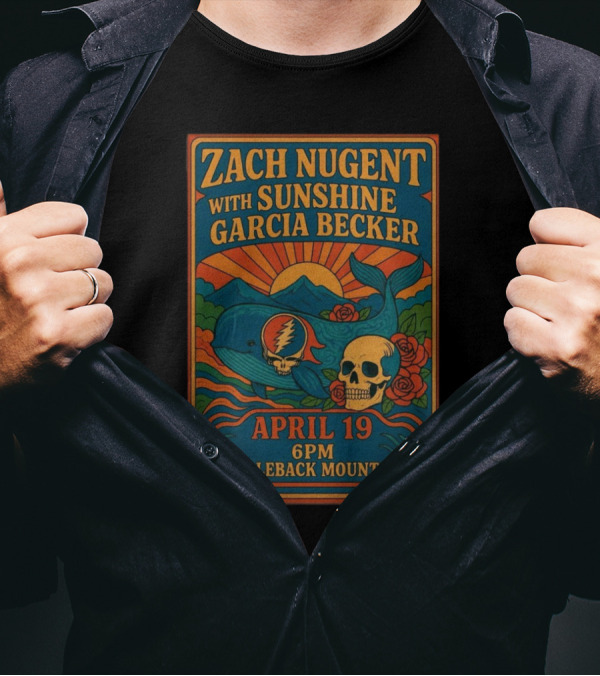 Zach Nugent With Sunshine Garcia Becker April 19 6 PM Whaleback Mountain Whale Skull Roses Sun Graphic T-Shirt